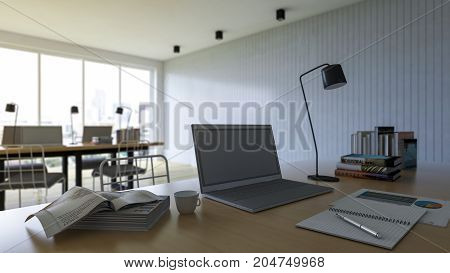 3d rendering of working table with depth of field photo. working wooden table which have laptop booknotebookcoffee cup and desk lamp on it business concept. selective focus on laptop.
