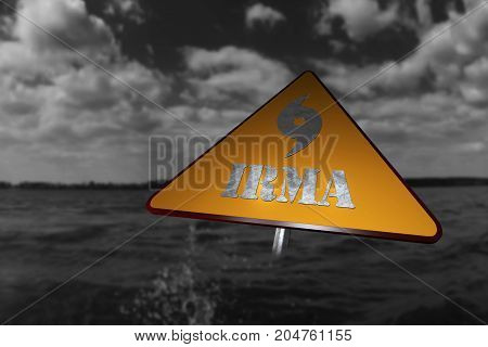 Hurricane Irma Danger Sign And Storm In The Background 3D Rendering