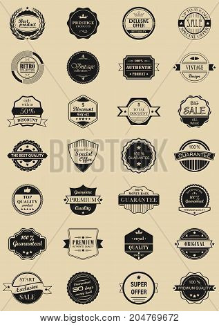 28 vector labels and logotypes. Set of vintage retro stamps ribbons frames and marks. Premium quality discount and sale icons.