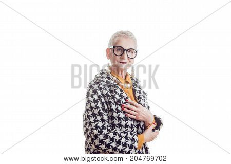 Stylish and elegant old woman in glasses isoladed on white.