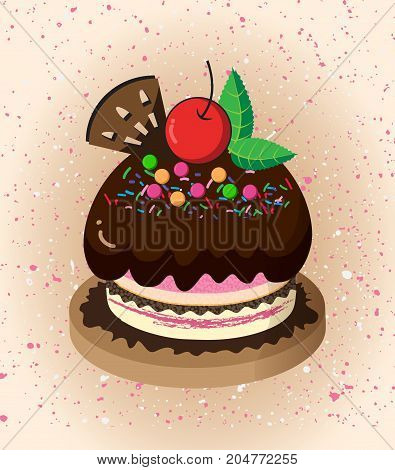 Cartoon cake.Chocolate and red cherry cake.illustration design.