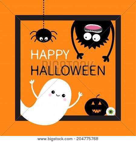 Happy Halloween card. Square frame. Flying ghost monster head silhouette. Hanging upside down. Pumpkin eyeball. Black spider dash line. Cute cartoon baby character. Flat Orange background. Vector