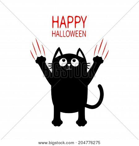 Happy Halloween. Black cat claw red scratch glass. Kitten standing. Cute cartoon funny baby character. Greeting card. Scary surprised face emotion. White background. Isolated. Flat design. Vector