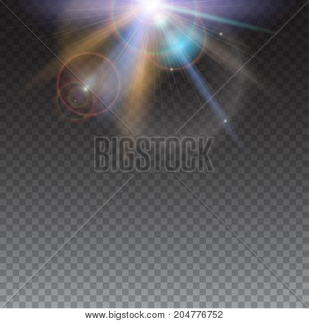 Design elements template with glow light effect on transparent background. Bright light of sun rays and lens flare backdrop. Star burst with sparkles. Abstract space background with beams
