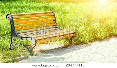 Wooden bench in an alley in the park. Green grass. Bright sunlight and glare. A place to relax. Photo with place for text. Summer rest. Copyspace.