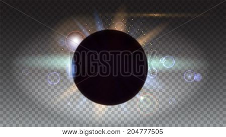 Solar eclipse, astronomical phenomenon - full sun eclipse. Abstract light effect with planet and shining sun. Star burst with sparkles. The planet covering the Sun in eclipse. Isolated on transparent.