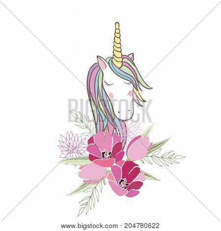 Retro style botanical illustration with flowers and animal. Delicate vector background with floral composition