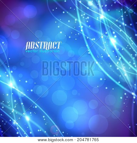 Abstract blurred blue background with curved glittering fibres and sparkles on corners vector illustration