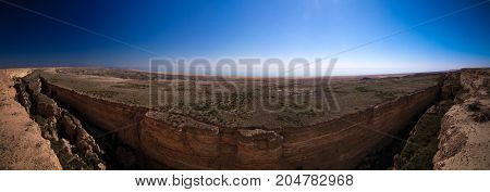 Panorama view to Aral sea from the rim of Plateau Ustyurt near Aktumsuk cape at Karakalpakstan Uzbekistan