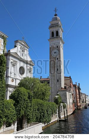 Church And Bell Tower Called San Giorgio Dei Greci In Venice In