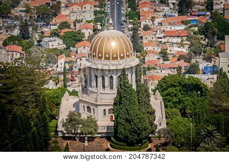 HAIFA, ISRAEL. September 16, 2017. The Bahai temple and Bahai gardens in Haifa as seen from the top. The Shrine of the Bab on the slopes of the Carmel Mountain, Terraces of the Bahá'í Faith.