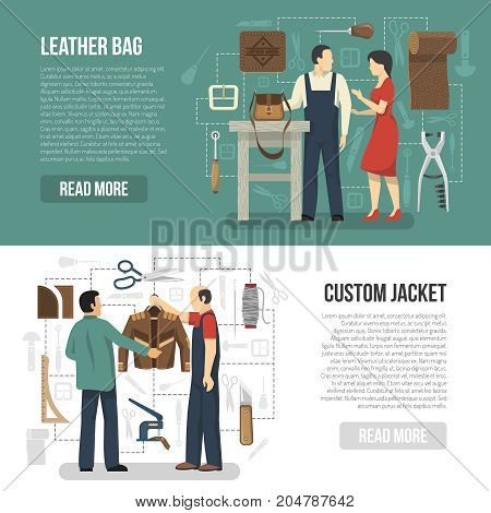 Manufacturing of leather clothing and accessories horizontal banners with customers and skinners demonstrating finished goods flat vector illustration