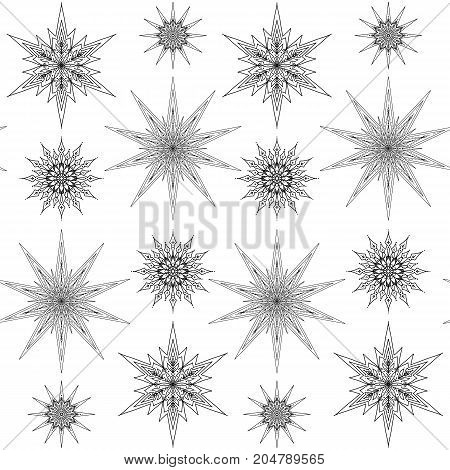 Seamless pattern, background with decorative stars. Stock line vector illustration. Outline hand drawing. Coloring page for adult coloring book.