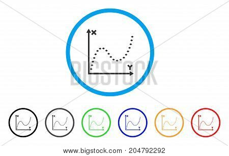 Dotted Function Graph rounded icon. Style is a flat dotted function graph grey symbol inside light blue circle with black, gray, green, blue, red, orange variants.