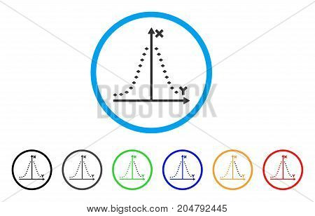 Dotted Gauss Plot rounded icon. Style is a flat dotted gauss plot grey symbol inside light blue circle with black, gray, green, blue, red, orange color versions.
