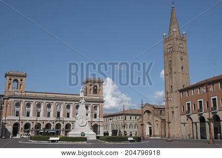 Forli (Emilia Romagna Italy): the Aurelio Saffi square with church of San Mercuriale and other historic buildings