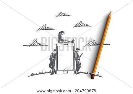 Gadgets time concept. Hand drawn people with gadgets. Men and women using smartphone and tablet. People browsing internet isolated vector illustration.