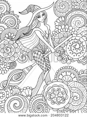 Pretty witch riding broom in the sky with floral clouds for halloween cardsinvitations and adult coloring book page.