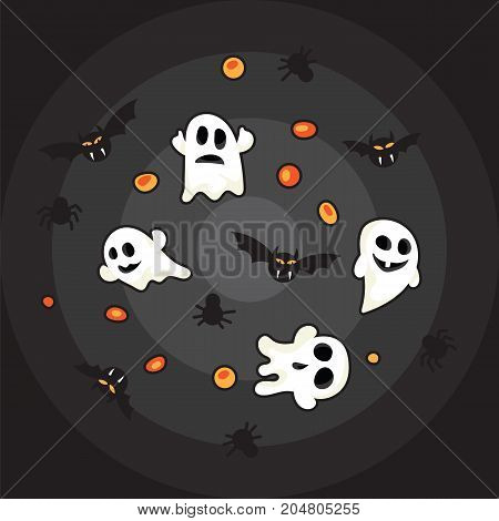 Pattern halloween bats, halloween ghost and hallowen orange pumpkin on black background.