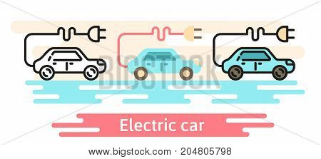 Electric car vector icon template. This illustration shows a car with an electric plug. Linear, flat and meterial design symbols