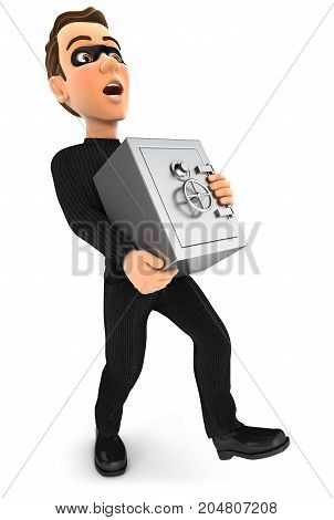 3d thief holding heavy bank safe illustration with isolated white background