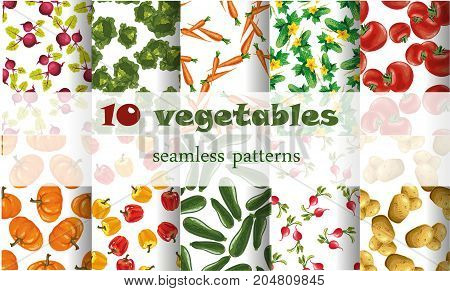 10 mixed vegetables seamless patterns set stock art