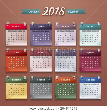 Design of wall monthly calendar for 2018 year. Print template with set of 12 month. Week starts monday. Vector.