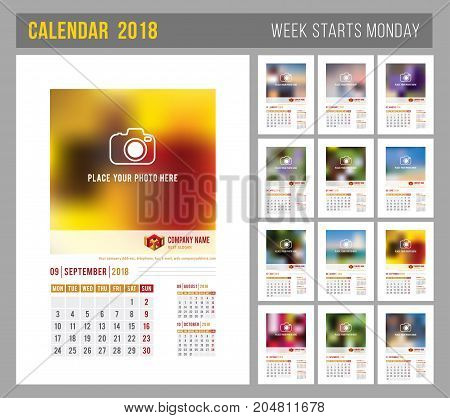 Design of wall monthly calendar for 2018 year. Print template with place for photo your logo and text. Week starts monday. Portrait orientation. Set of 12 months. Vector.
