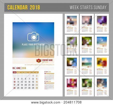 Design of wall monthly calendar for 2018 year. Print template with place for photo your logo and text. Week starts sunday. Portrait orientation. Set of 12 months. Vector.