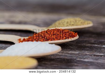 Aromatic Spices On Wooden Spoons. Food Ingradients.