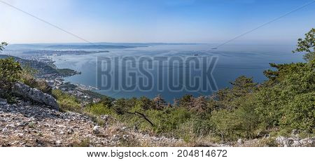 View from Temple of Monte Grisa to the bay of Triest in Friuli-Venezia Giulia in Italy