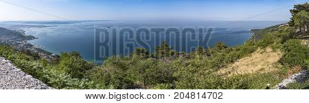 View from Temple of Monte Grisa to the bay of Triest in Friuli-Venezia Giulia in Italy