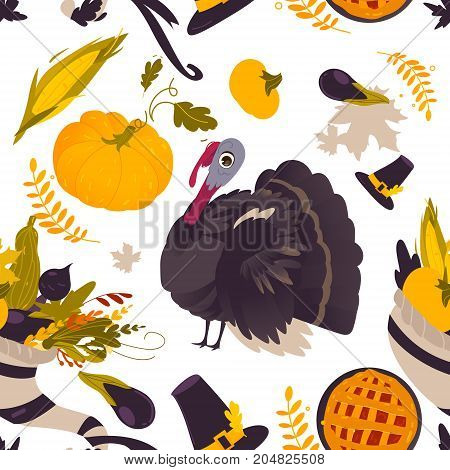 Colorful seamless pattern with thanksgiving symbols - turkey, pumpkin, pilgrim hat, corn, pie, horn of abundance, cartoon vector illustration on white background. Thanksgiving seamless pattern