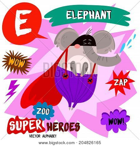 Super Big Set. Cute Vector Zoo Alphabet With Animals In Cartoon Style.letter E-elephant In Superhero