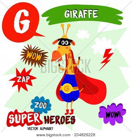 Super Big Set. Cute Vector Zoo Alphabet With Animals In Cartoon Style.letter G-giraffe In Superheroe