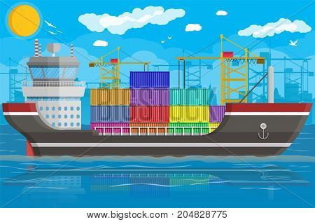 River ocean and sea freight shipping by water. Port crane unloads cargo ship. Background with blue sky, clouds. Pier, dock, harbor. Sea port logistics and delivery. Vector illustration in flat style