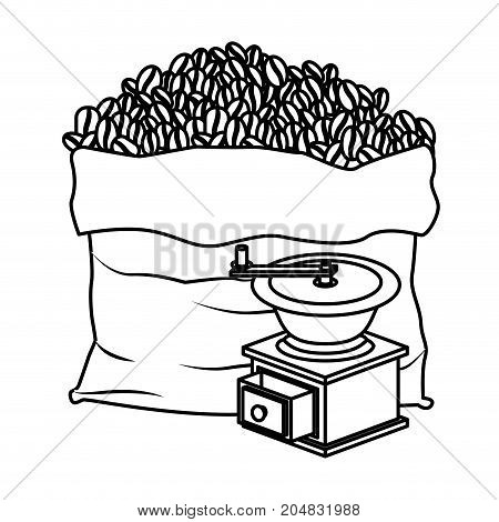 bag of coffee beans and griding with crank monochrome silhouette vector illustration