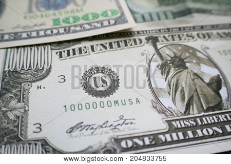 Million Dollar Bill With Hundred & Thousand Dollar Bill Side By Side