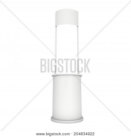 Stall or Kiosk Modern Promostand Reception Desk. Trade show booth white and blank. 3d render illustration isolated on white background. Template mockup for your expo design.