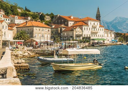 PERAST, MONTENEGRO - AUGUST 24, 2017: View of small old town Perast, Montenegro. Perast is one of picturesque towns in Kotor Bay.