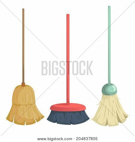 Cartoon trendy broom icons set. Vintage natural and modern plastic brooms. Hygiene and home cleaning vector illustration.