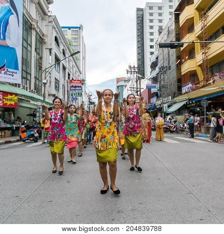 Hat Yai Songkhla Thailand. April 11 2017 : April 11 2017: Midnight Songkran Festival in Hat Yai Songkhla Thailand Unidentified peoples will wear bright clothes in the Songkran Festival parade.
