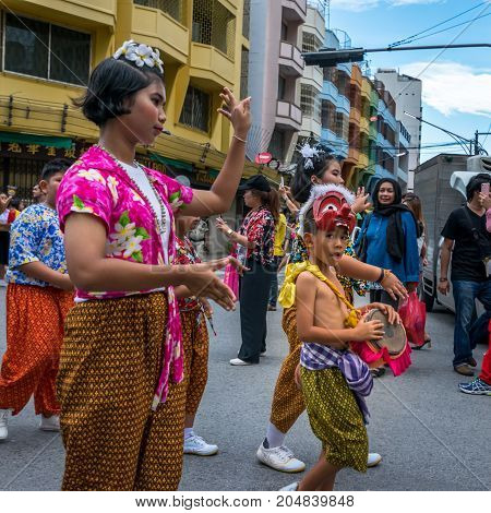 Hat Yai Songkhla Thailand. April 11 2017 : April 11 2017: Midnight Songkran Festival in Hat Yai Songkhla Thailand Unidentified peoples will wear bright clothes in the Songkran Festival parade.