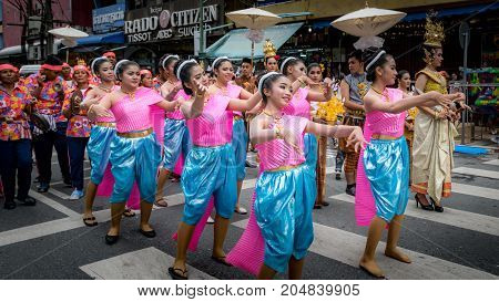 Hat Yai Songkhla Thailand. April 11 2017 : April 11 2017: Midnight Songkran Festival in Hat Yai Songkhla Thailand Unidentified peoples will wear bright clothes in the Songkran Festival parade.
