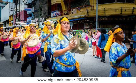 Hat Yai Songkhla Thailand. April 11 2017 : April 11 2017: Midnight Songkran Festival in Hat Yai Songkhla Thailand Unidentified peoples will wear bright clothes in the Songkran Festival parade.