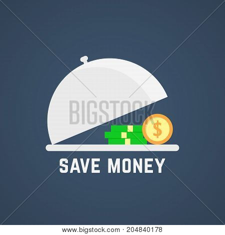 save money with open dish. concept of win, fortune, stock, tray, treasure, loan, rich, economics, dividends increase. flat style trend modern logo design vector illustration on dark background