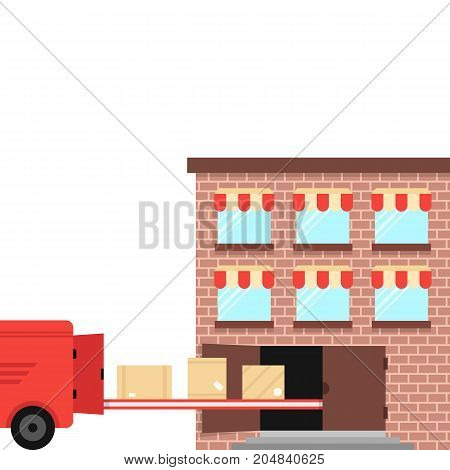 shipment ex warehouse on delivery vehicle. concept of carrier, import, job, van, trailer, crate, pallet, lease, carry, depot. flat style trend modern design vector illustration on white background