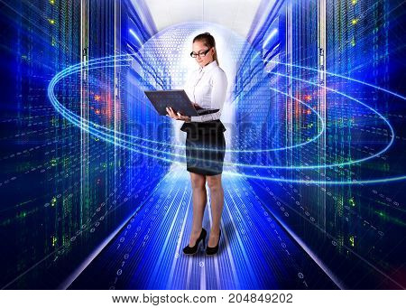 symmetrical data center room with futuristic beams and rows equipment