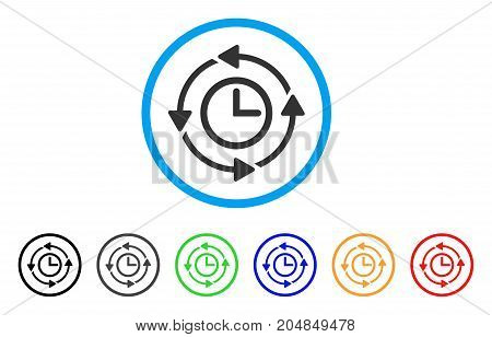 Wayback Clock rounded icon. Style is a flat wayback clock gray symbol inside light blue circle with black, gray, green, blue, red, orange color versions.