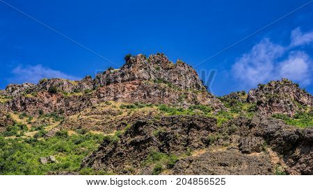 View of mountains landscape in Geghard Armenia selective focus.